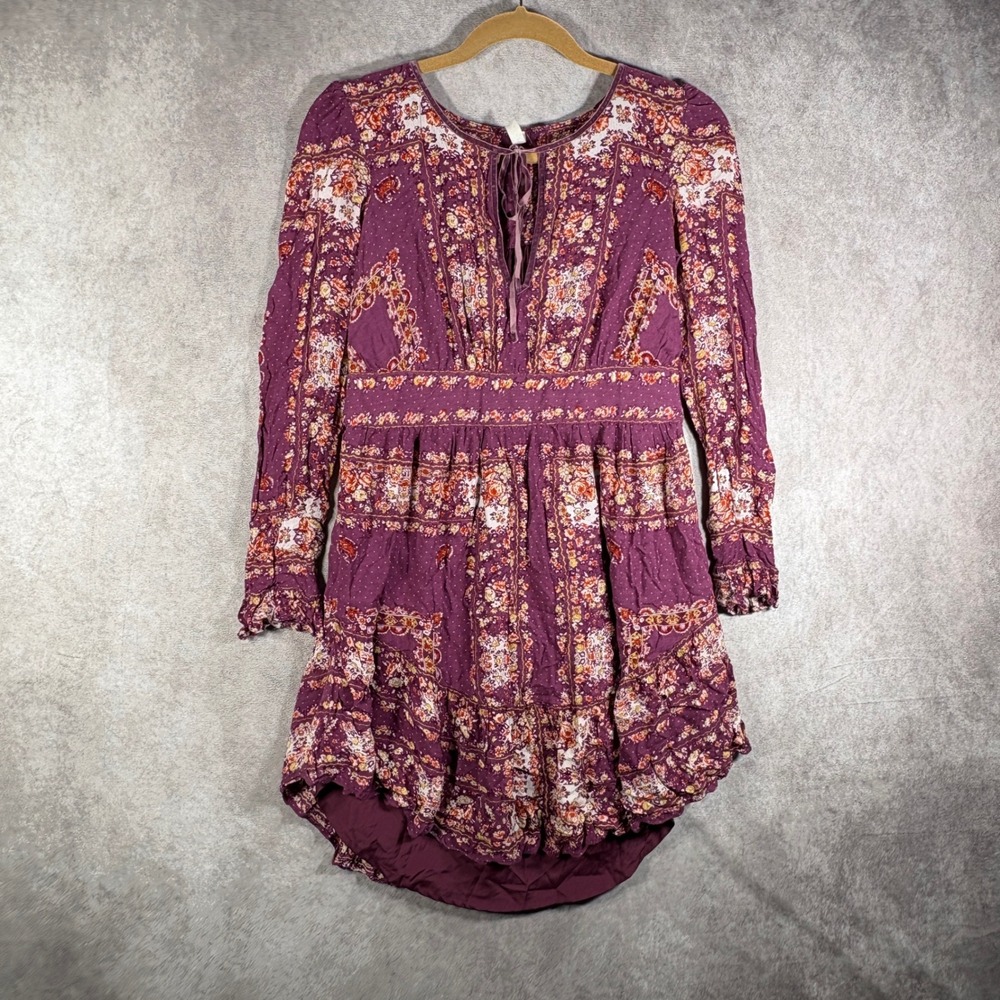 Free People Bridgette Mini Dress XS‎ Purple Berry Combo Floral Boho Long Sleeve